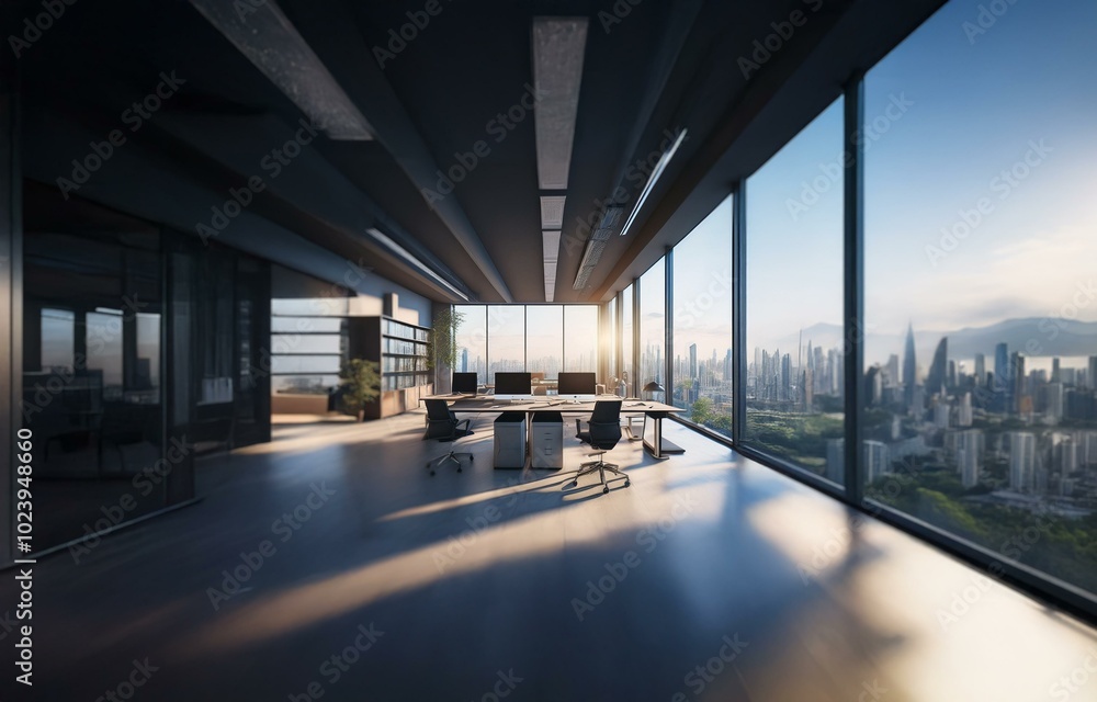 Modern office with a large window view of a city skyline. Modern office with a large window view of a city skyline.