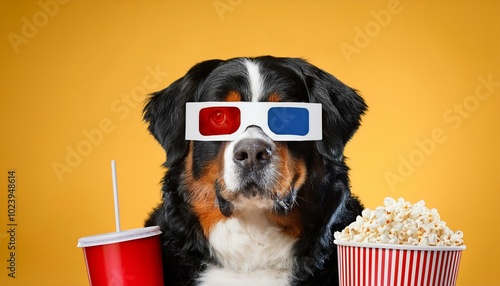 Funny bernese mountain dog movie lover with 3d glasses, popcorn and drink.  photo