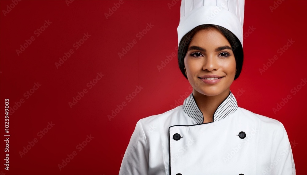 Woman in cook uniform, hat and holding plate on red background Woman in cook uniform, hat and holding plate on red background