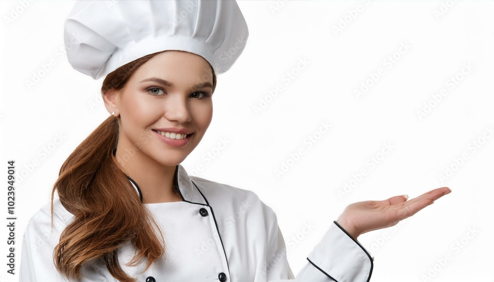Woman in chef or cook uniform with hat on white isolated background Woman in chef or cook uniform with hat on white isolated background