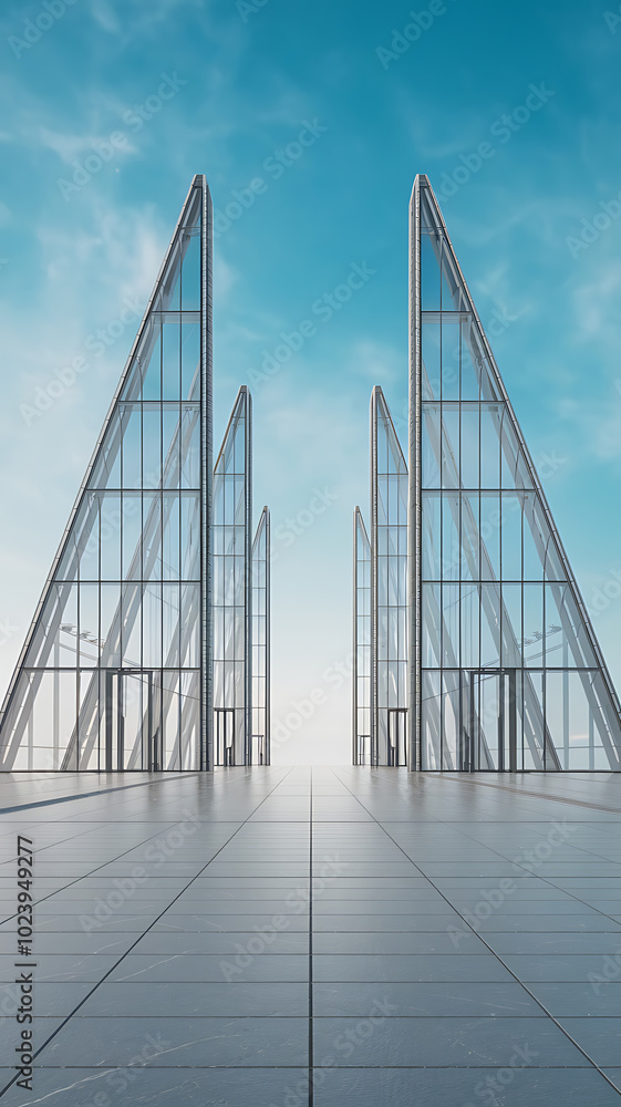 Fototapeta premium Modern glass architecture, blue sky and grey floor, minimalist style, futuristic concept, inspiring ambition, cityscape. 
