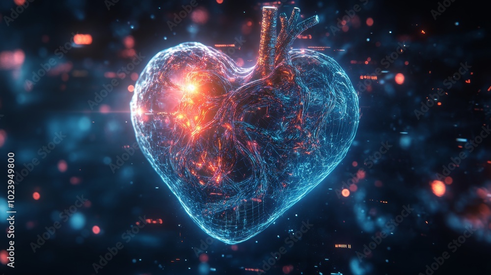 A glowing ethereal blue heart floating in a digital void, surrounded by fragmented virtual shapes and neon lines, Avant-garde, Sci-fi Surrealism, Soft Glow, 3D Render A glowing ethereal blue heart floating in a digital void, surrounded by fragmented virtual shapes and neon lines, Avant-garde, Sci-fi Surrealism, Soft Glow, 3D Render
