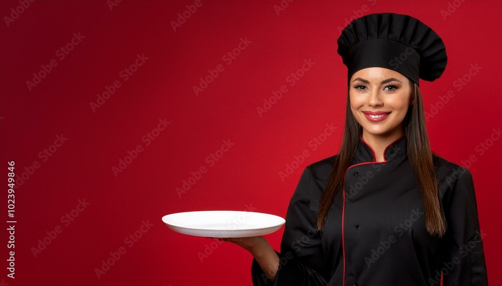 Woman in cook black uniform, hat and holding plate on red background