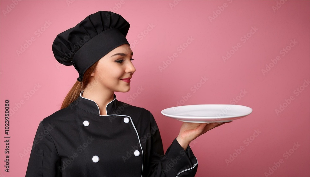Woman in cook black uniform, hat and holding plate on pink background Woman in cook black uniform, hat and holding plate on pink background