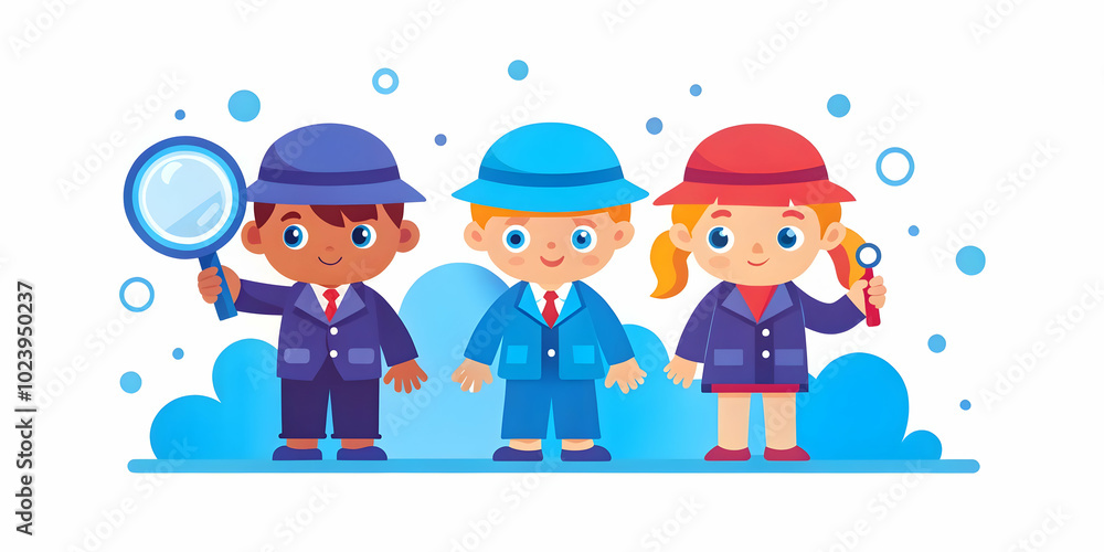 Children Detectives Solving Playground Mystery: Kids Using Toy Magnifying Glasses in Soft Abstract Background, Teamwork & Problem Solving Concepts - Photo Stock Children Detectives Solving Playground Mystery: Kids Using Toy Magnifying Glasses in Soft Abstract Background, Teamwork & Problem Solving Concepts - Photo Stock