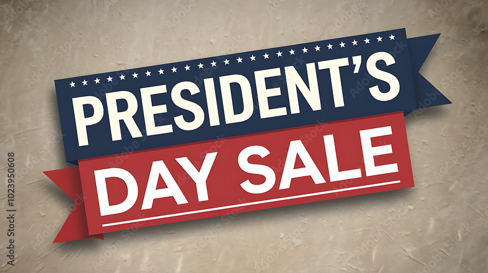 Red and blue ribbon banner with white text, President's Day Sale, promoting holiday shopping deals.
Red and blue ribbon banner with white text, President's Day Sale, promoting holiday shopping deals.