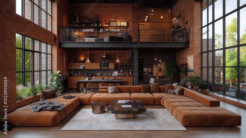 Modern loft apartment with exposed brick walls, large windows, and a spacious living area with a sectional sofa. Modern loft apartment with exposed brick walls, large windows, and a spacious living area with a sectional sofa.