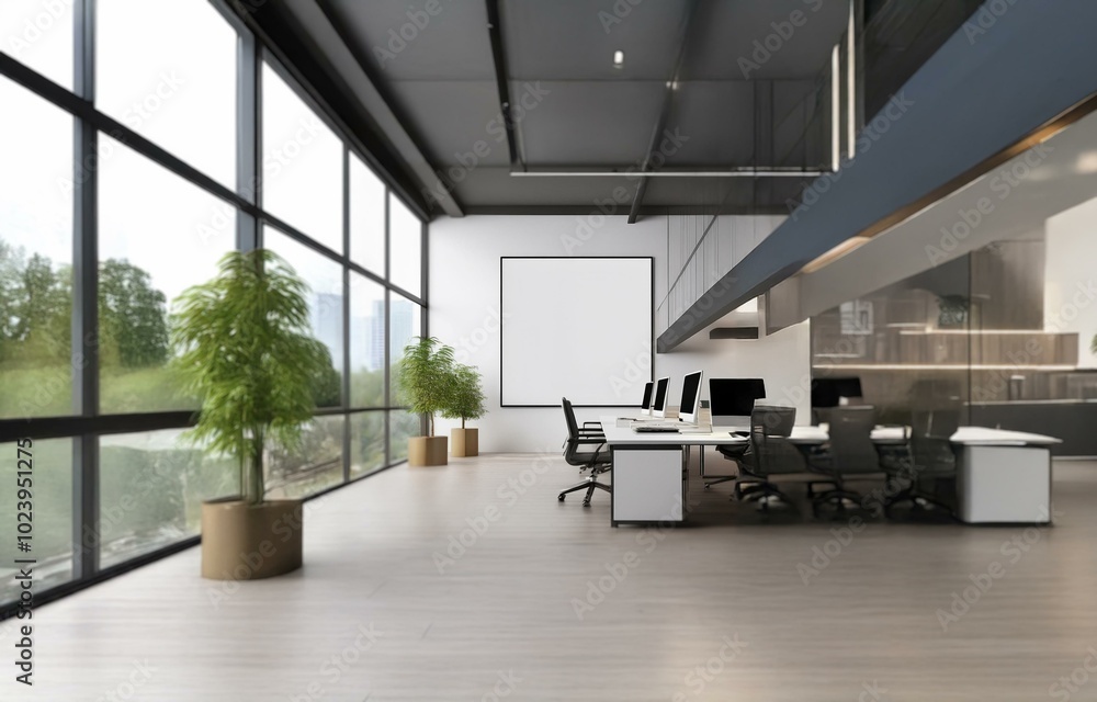 Modern office interior with large windows, a blank canvas hanging on the wall, and a row of desks with computers and chairs. Modern office interior with large windows, a blank canvas hanging on the wall, and a row of desks with computers and chairs.