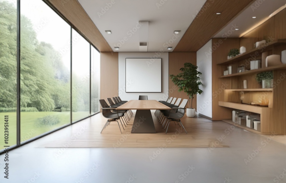 A modern conference room with a large window, wood paneling, and a long wooden table. A modern conference room with a large window, wood paneling, and a long wooden table.
