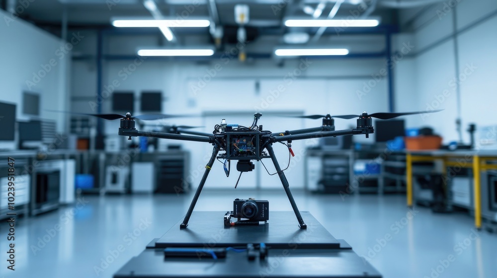 Fototapeta premium Drone with Camera in Modern Industrial Workshop Setup