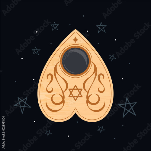 Wooden planchette with mystical symbols and pentagram, Vector