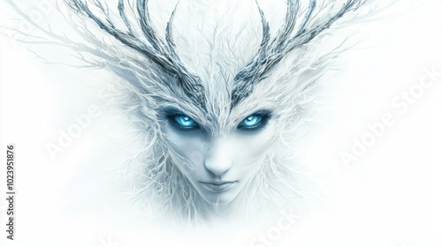 artwork features Skadi the Scandinavian goddess of winter and hunting with striking pale skin intricate icy antlers and mesmerizing blue eyes. Her expression embodies strength and beauty. photo