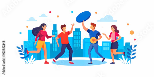 Candid shot of millennials playing frisbee in the park, capturing energy & joy - perfect for ads promoting fitness, outdoor sports, and social events for young adults.