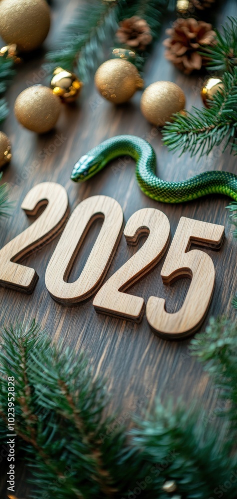 Holiday Decoration with Snake and 2025 Wood Design Holiday Decoration with Snake and 2025 Wood Design
