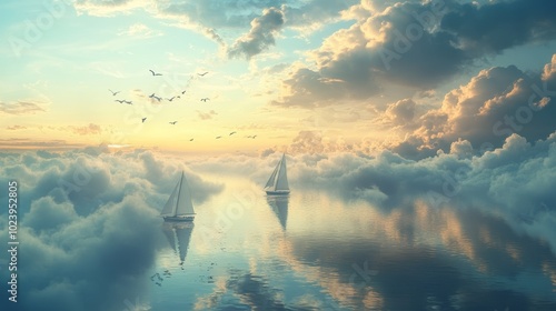 Oceans suspended above with boats sailing the clouds, birds swimming through air currents in a serene, upside-down world, reversed world, impossible nature setting photo