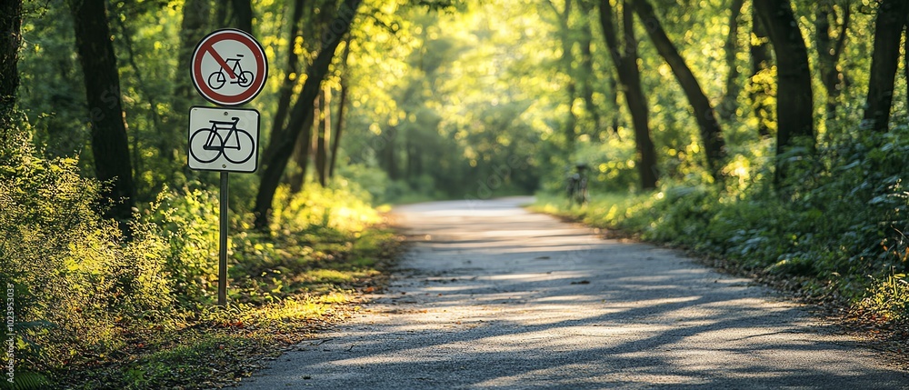 Detailed depiction of a bike path sign on a scenic, treelined path, symbolizing safety in cycling and the connection to nature, vivid and clear Detailed depiction of a bike path sign on a scenic, treelined path, symbolizing safety in cycling and the connection to nature, vivid and clear
