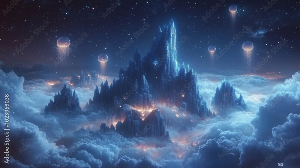 A floating island with towering crystal mountains, illuminated by glowing jellyfish floating like clouds. Ancient animal-shaped constellations dominate the night sky A floating island with towering crystal mountains, illuminated by glowing jellyfish floating like clouds. Ancient animal-shaped constellations dominate the night sky