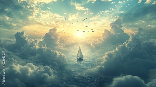 Oceans suspended above with boats sailing the clouds, birds swimming through air currents in a serene, upside-down world, reversed world, impossible nature setting photo