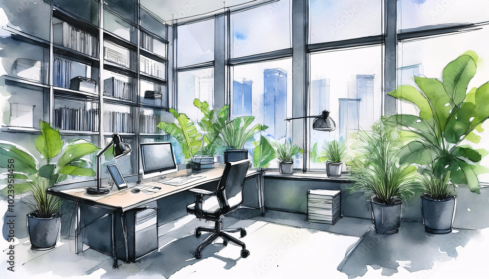 Modern office space with large windows and city view Modern office space with large windows and city view