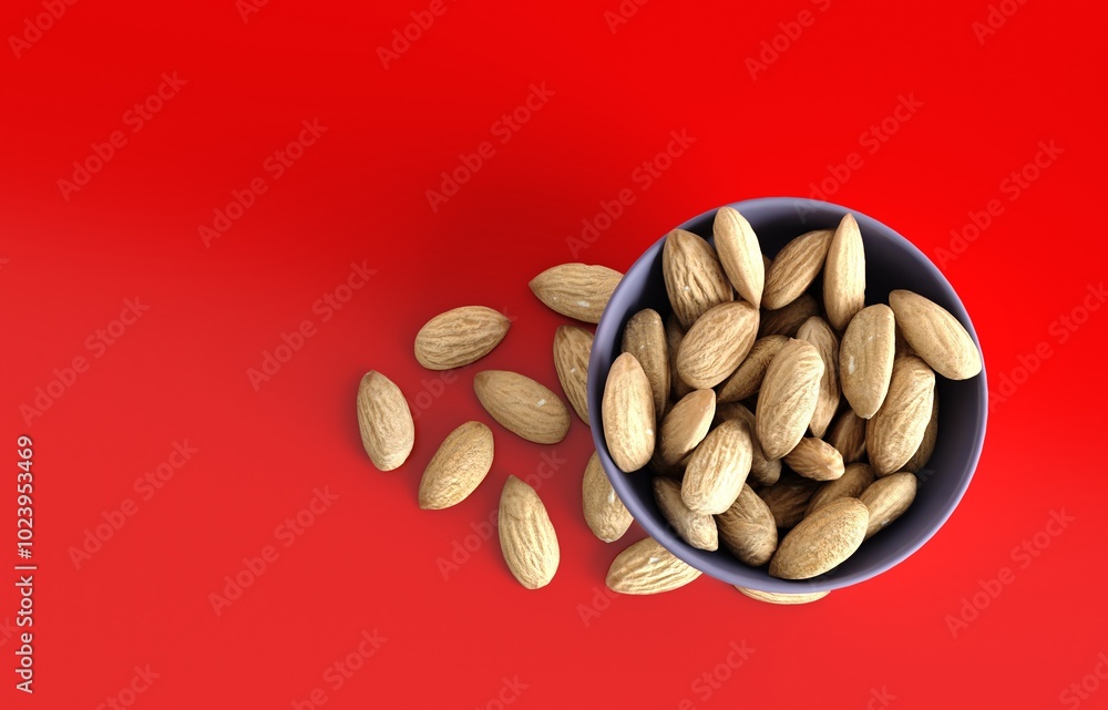 Almonds in a white bowl on red background. Shelled, raw, whole and dried nuts, botanically drupes, seeds and fruits of Prunus dulcis. Almonds in a white bowl on red background. Shelled, raw, whole and dried nuts, botanically drupes, seeds and fruits of Prunus dulcis.