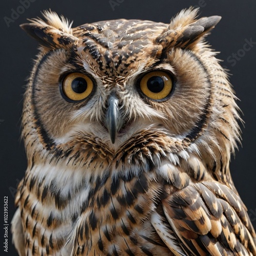 Portrait of an owl on a dark background, with expressive eyes and detailed plumage.