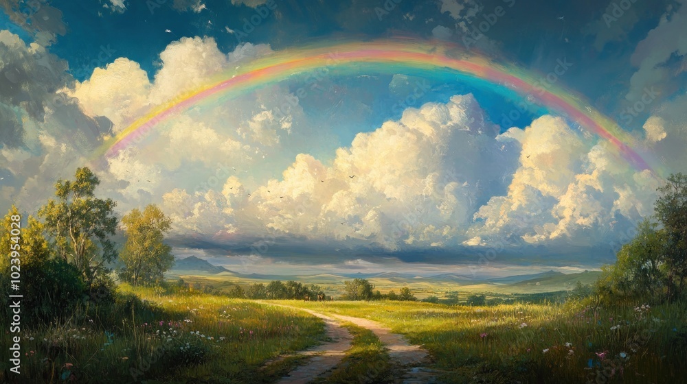 A Rural Path Under A Rainbow In A Field Of Flowers A Rural Path Under A Rainbow In A Field Of Flowers