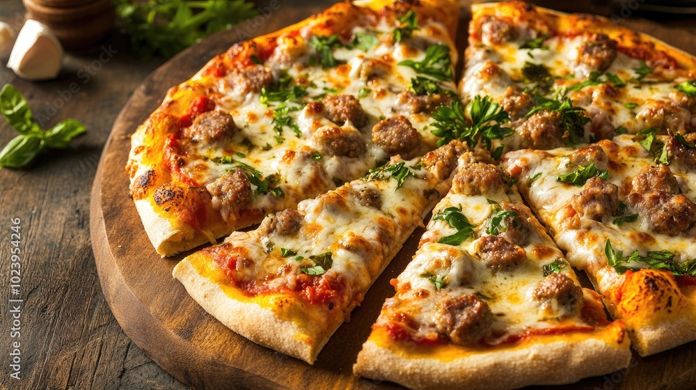 Delicious Pizza with Sausage and Fresh Herbs on Wood Board Delicious Pizza with Sausage and Fresh Herbs on Wood Board