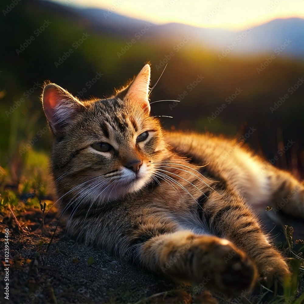 Fototapeta premium Gato estirándose echado en el campo