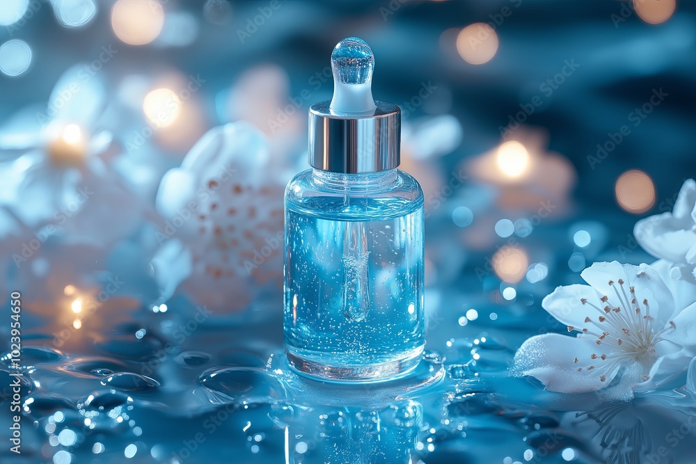 mockup perfume in glass bottle with drops on bokeh background, copy space mockup perfume in glass bottle with drops on bokeh background, copy space