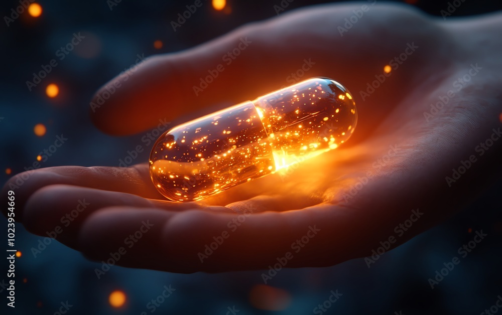 Closeup of a hand holding capsules, glowing with a revolutionary new medicine treatment concept Closeup of a hand holding capsules, glowing with a revolutionary new medicine treatment concept