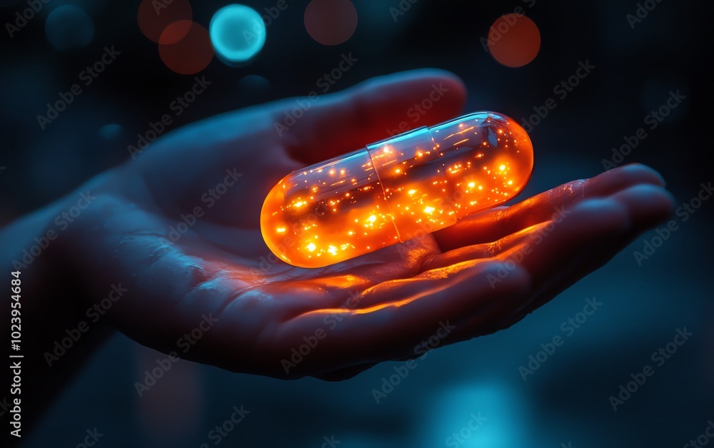 Closeup of a hand holding capsules, glowing with a revolutionary new medicine treatment concept Closeup of a hand holding capsules, glowing with a revolutionary new medicine treatment concept