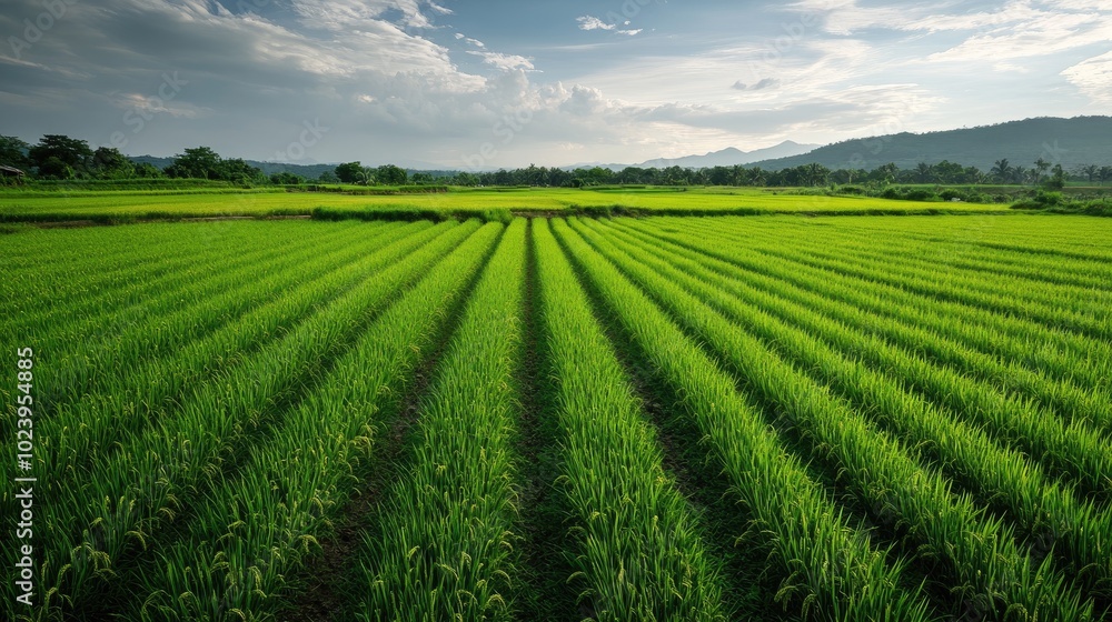 Lush Green Rice Fields Under a Beautiful Sky Lush Green Rice Fields Under a Beautiful Sky