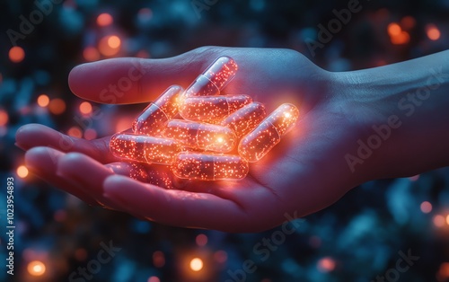 Closeup of a hand with glowing capsules, showcasing a new and revolutionary medicine treatment concept photo