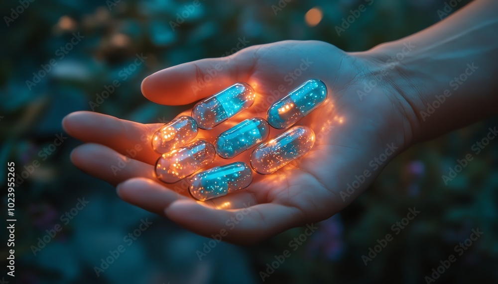 Glowing capsules held in a hand, symbolizing the future of revolutionary medicine treatment and healthcare advancements Glowing capsules held in a hand, symbolizing the future of revolutionary medicine treatment and healthcare advancements