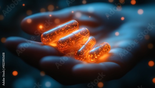 Glowing capsules resting in an outstretched hand, highlighting a revolutionary new medical treatment innovation