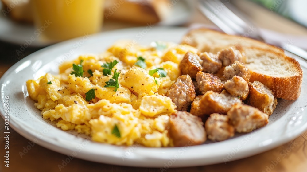 Breakfast Plate with Scrambled Eggs and Sausage Breakfast Plate with Scrambled Eggs and Sausage