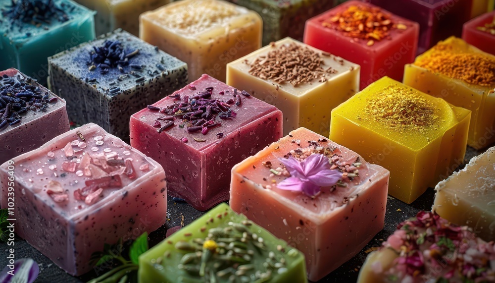 Handmade Soap Ingredients, vibrant colors, close-up, natural ingredients, photography Handmade Soap Ingredients, vibrant colors, close-up, natural ingredients, photography
