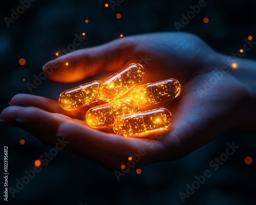 Hand gently holding glowing capsules, symbolizing a breakthrough in revolutionary medicine treatment