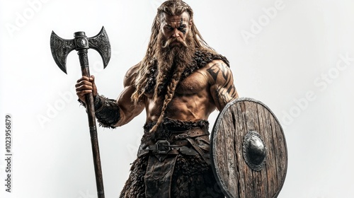 powerful figure embodies Tyr the god of war showcasing strength and bravery. He holds an axe and shield representing his warrior spirit in Scandinavian mythology.