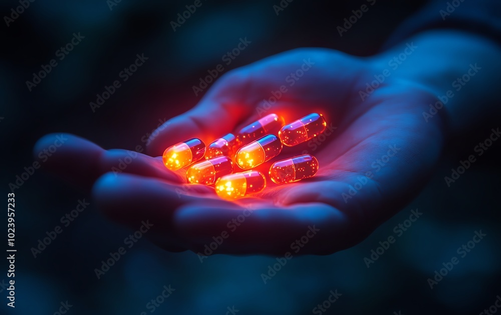 Hand grasping glowing medication capsules, symbolizing the dawn of a revolutionary medical treatment Hand grasping glowing medication capsules, symbolizing the dawn of a revolutionary medical treatment
