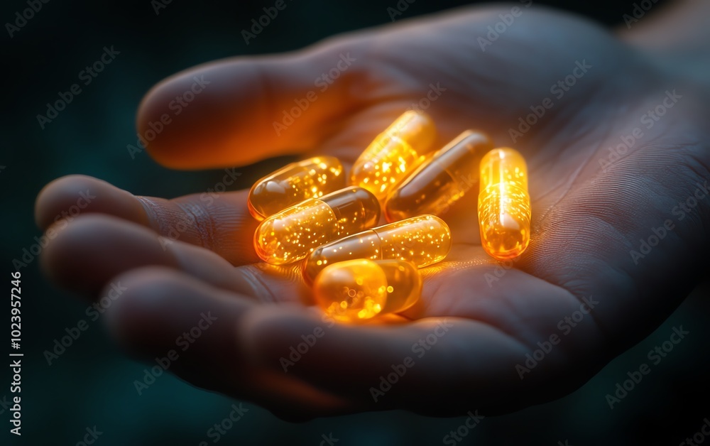 Hand grasping glowing medication capsules, symbolizing the dawn of a revolutionary medical treatment Hand grasping glowing medication capsules, symbolizing the dawn of a revolutionary medical treatment