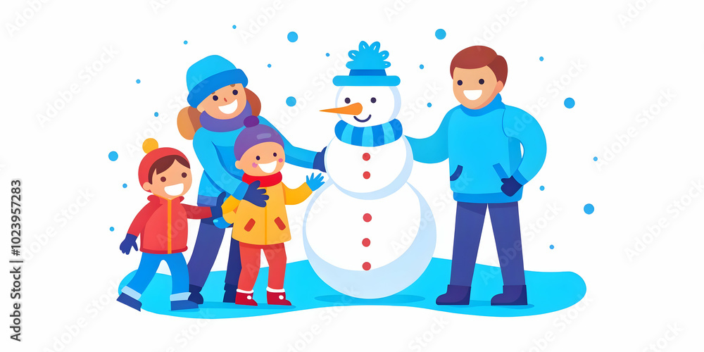 Joyful family building a snowman together in a snowy park, capturing seasonal bonding and smiles, ideal for winter promotions and advertising. Joyful family building a snowman together in a snowy park, capturing seasonal bonding and smiles, ideal for winter promotions and advertising.