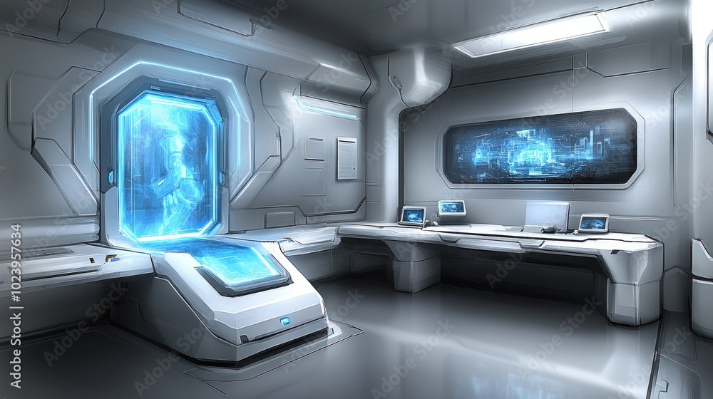Futuristic laboratory interior with a glowing blue portal and a computer screen displaying a holographic projection. Futuristic laboratory interior with a glowing blue portal and a computer screen displaying a holographic projection.