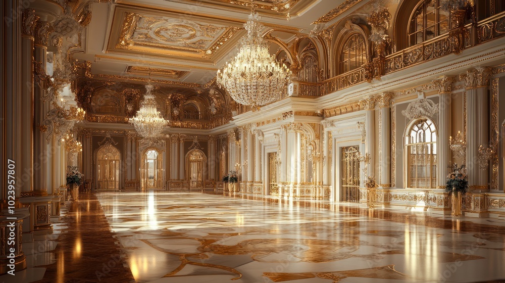 Grand Ballroom Interior with Ornate Gold and White Decor Grand Ballroom Interior with Ornate Gold and White Decor