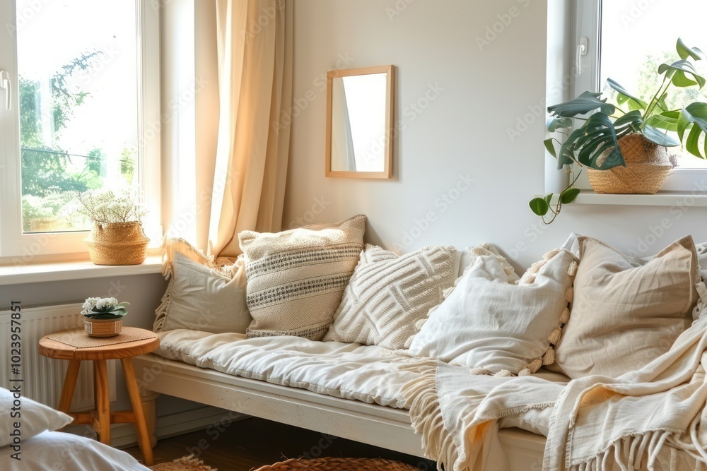 Scandinavian Living Room with Rustic Wooden Bench, Pillows, and Potted Plant Against Grey Wall and Mock-up Poster Frame Scandinavian Living Room with Rustic Wooden Bench, Pillows, and Potted Plant Against Grey Wall and Mock-up Poster Frame