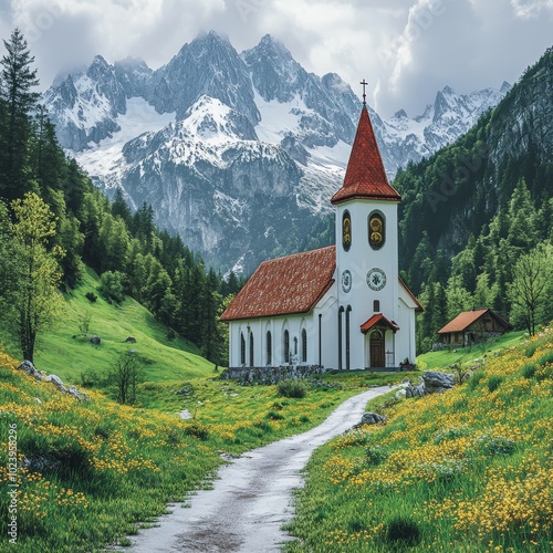 Charming stone chapel in alpine mountain landscape 