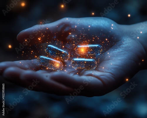 Revolutionary medicine treatment concept with a hand holding glowing capsules, representing breakthrough healthcare innovation