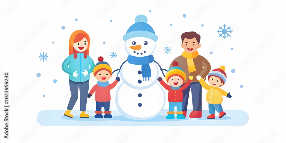 Family Building a Snowman Together in a Joyful Winter Scene: Smiles, Laughter, and Copious Space for Seasonal Promotional Text in a Snowy Park Setting Family Building a Snowman Together in a Joyful Winter Scene: Smiles, Laughter, and Copious Space for Seasonal Promotional Text in a Snowy Park Setting