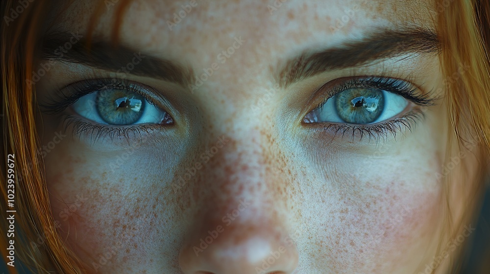 Close Up Portrait of Woman with Freckles and Green Eyes Close Up Portrait of Woman with Freckles and Green Eyes