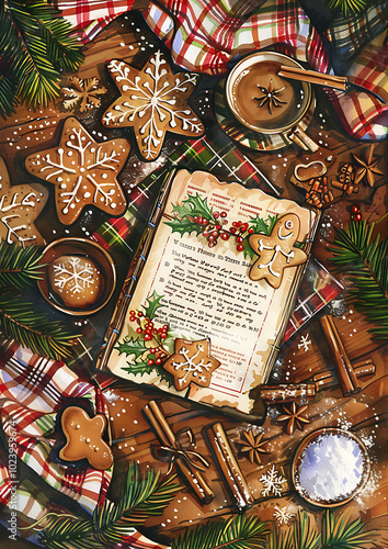 festive kitchen illustration, victor nizovtsevs intricate illustration of a festive recipe book surrounded by holiday treats on a warmly lit table photo